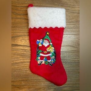 Vintage Red/White Furry Christmas Stocking W/Plastic Santa Graphic